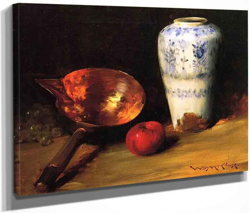 Still Life With China Vase, Copper Pot, An Apple And A Bunch Of Grapes By William Merritt Chase By William Merritt Chase