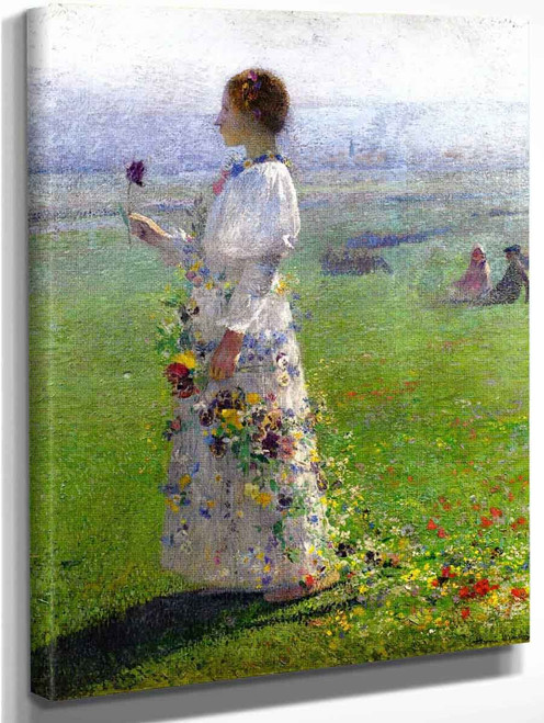 Beautiful Girl Walking Through The Field, A Flower In His Hand By Henri Martin