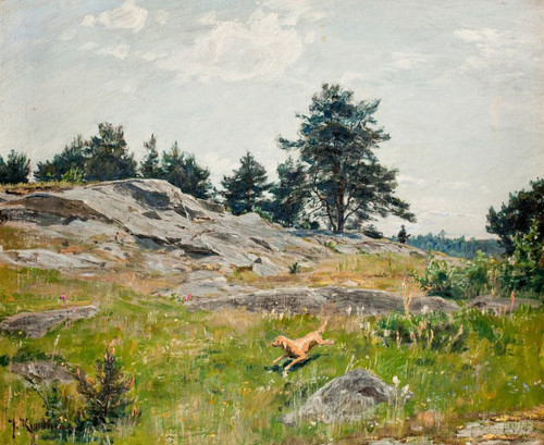 Summer Landscape With Dog And Hunter By Johan Krouthen By Johan Krouthen