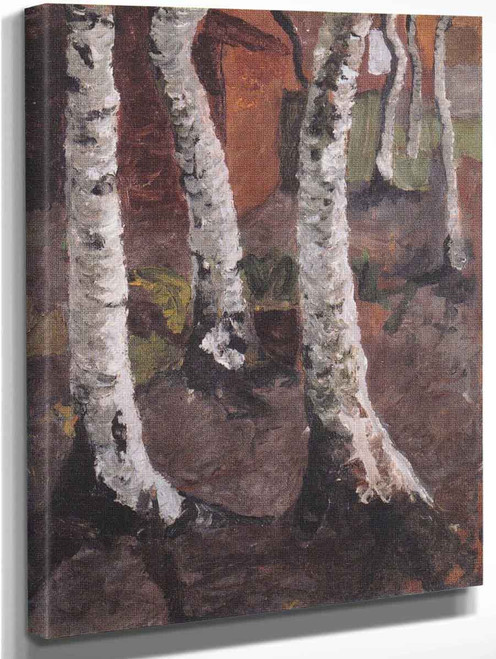 Birch Trunks Against A Red Farm By Paula Modersohn Becker