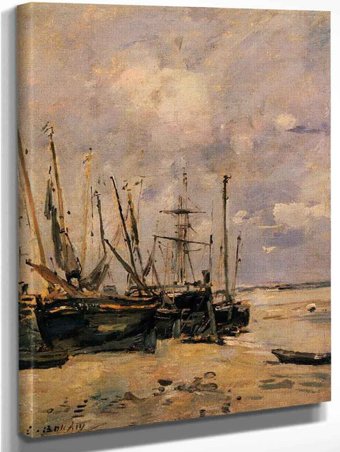 Boats At The Beach At Low Tide By Eugene Louis Boudin