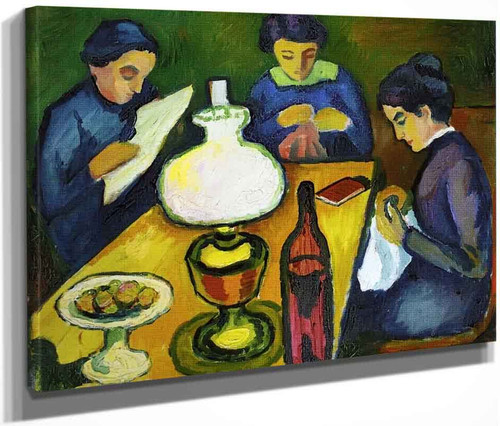 Three Women At The Table By The Lamp By August Macke