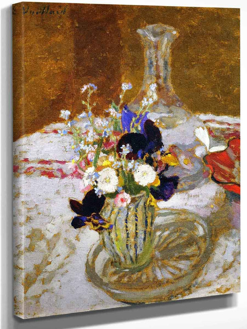 Bouquet Of Pansies, Myosotis And Daisies In Front Of A Carafe, On A Table By Edouard Vuillard