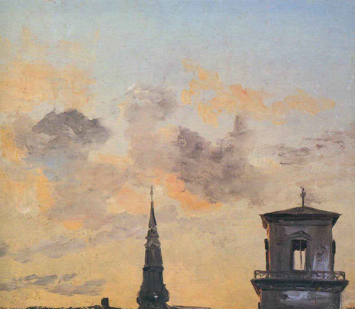 Two Belfries At Sunset, Copenhagen By Johan Christian Dahl By Johan Christian Dahl