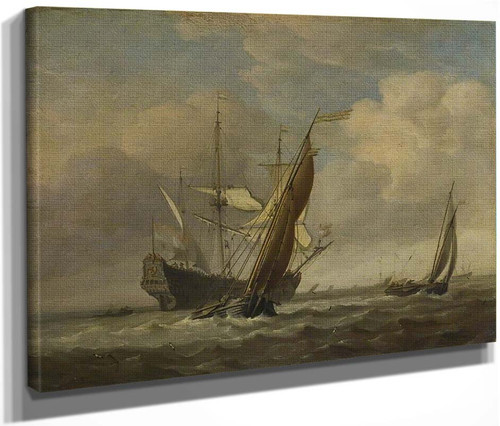 Two Small Vessels And A Dutch Man O'war In A Breeze By Willem Van De Velde The Younger