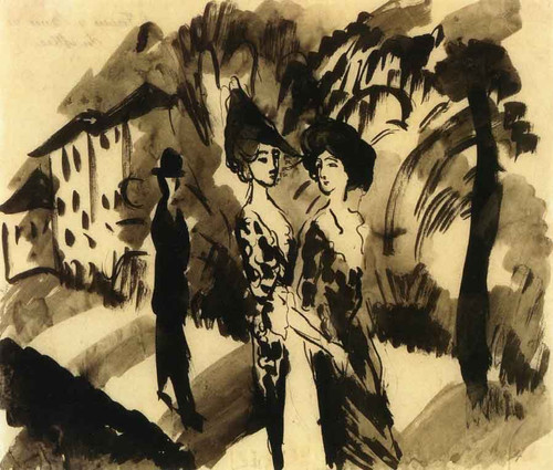 Two Women And An Man On An Avenue By August Macke