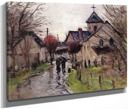 Villagers In The Rain, Near The Church By Gustave Loiseau By Gustave Loiseau