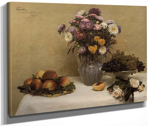 White Roses, Chrysanthemums In A Vase, Peaches And Grapes On A Table With A White Tablecloth By Henri Fantin Latour By Henri Fantin Latour