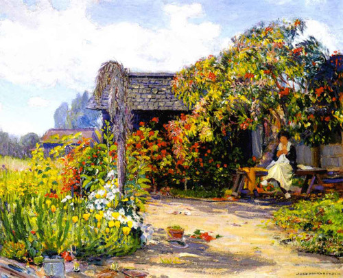 Woman Seated In The Garden Sewing By Joseph Kleitsch By Joseph Kleitsch