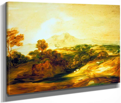 Wooded River Landscape With Figures On A Bridge, A Cottage, Sheep And Distant Mountains By Thomas Gainsborough  By Thomas Gainsborough