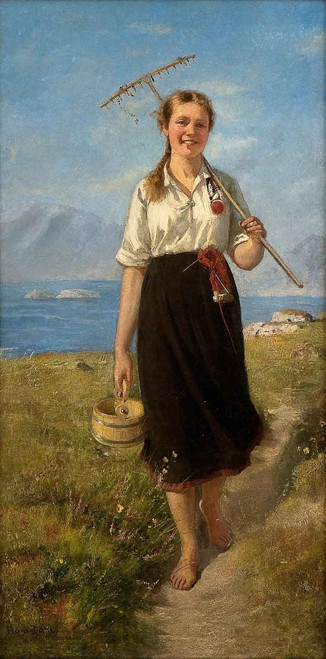 Girl With Rake And Wooden Box By Hans Dahl