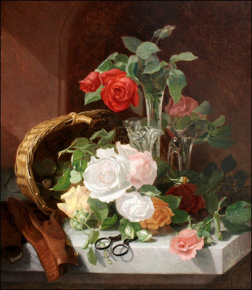 A Still Life Of Flowers In A Glass Epergne On A Marble Ledge By Eloise Harriet Stannard