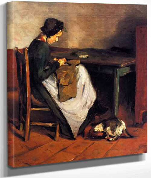 Girl Sewing With Cat Dutch Interior By Max Liebermann By Max Liebermann