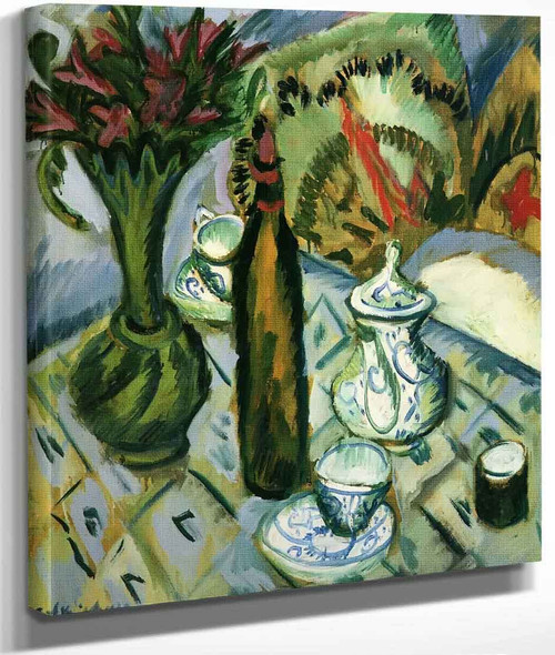 Teapot, Bottle And Red Flowers By Ernst Ludwig Kirchner By Ernst Ludwig Kirchner