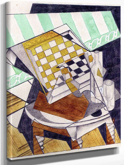 Checkerboard, Bottle And Glass On A Table By Juan Gris