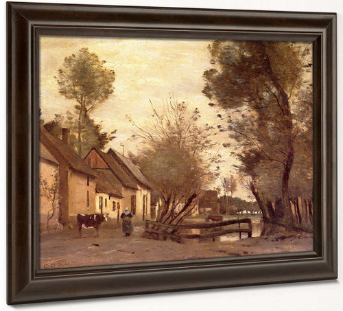 Flesselles, A Street With A Peasant And Her Cow By Jean Baptiste Camille Corot