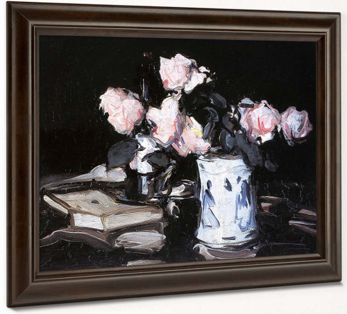 Roses In A Blue And White Vase, Black Background By Samuel John Peploe