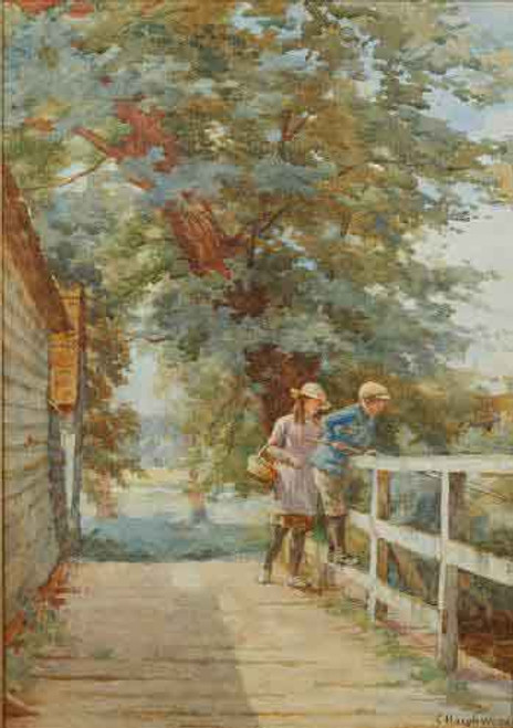 Children Fishing From A Bridge By Charles Haigh Wood