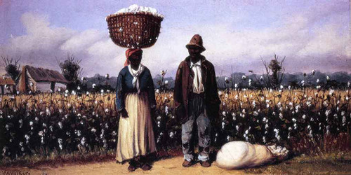 Negro Man And Woman In Cotton Field With Cotton Basket And Cotton Bag By William Aiken Walker
