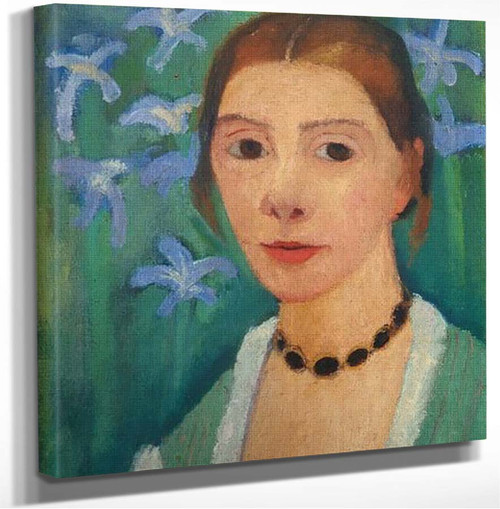 Self Portrait In Front Of A Green Background With Blue Irises Paula Modersohn Becker