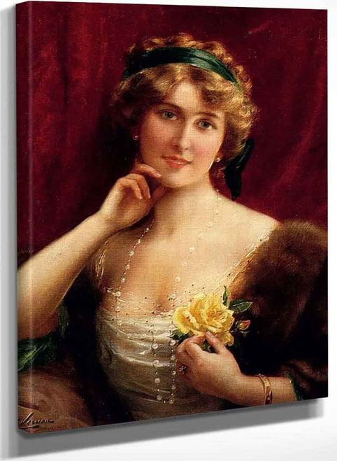 An Elegant Lady With A Yellow Rose By Emile Vernon