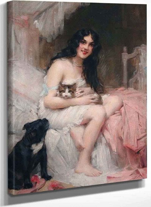 Beauty In Bed With Kitten And Black Dog By Leon Francois Comerre