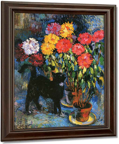 N・Tarkhoff、Le Chat noir、希少画集より、新品額装付 Dahlias And Black Cat By Nicolas Tarkhoff Art Reproduction from