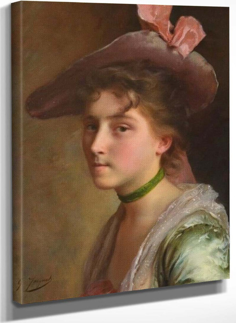 Portrait Of A Lady In Pink Hat By Gustave Jean Jacquet