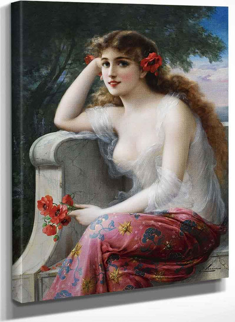 Young Beauty With Poppies By Emile Vernon