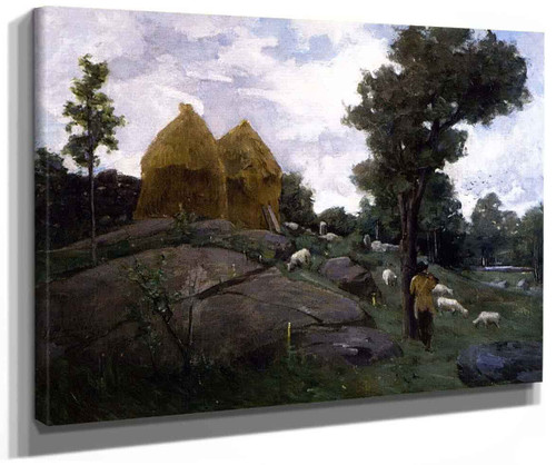 Haystacks Shepherd And Sheep By Julian Alden Weir