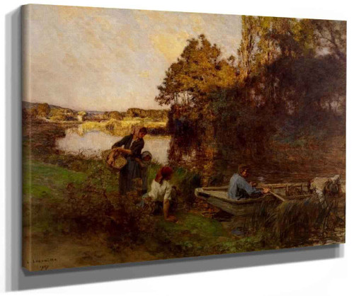 River Scene With Five Figures And A Boat By Leon Augustin Lhermitte