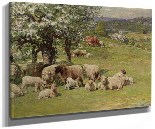 Sheep And Cattle With Apple Tree By John Joseph Enneking