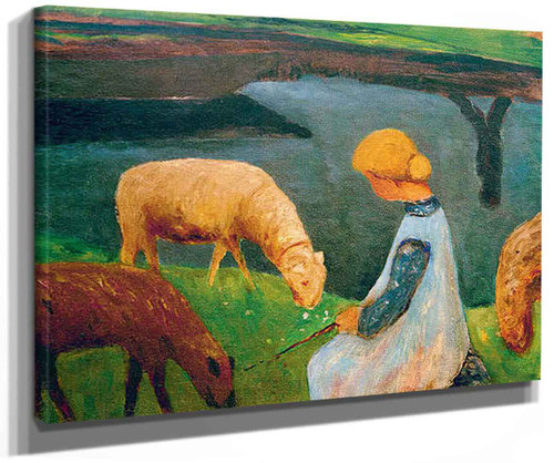 Sitting Girl With Sheep At The Pond I By Paula Modersohn Becker