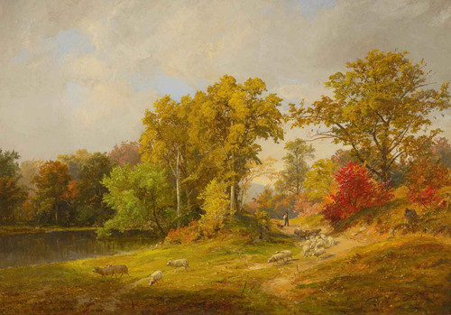 Autumn Landscape With Shepherd Dog And Sheep by Jasper Francis Cropsey