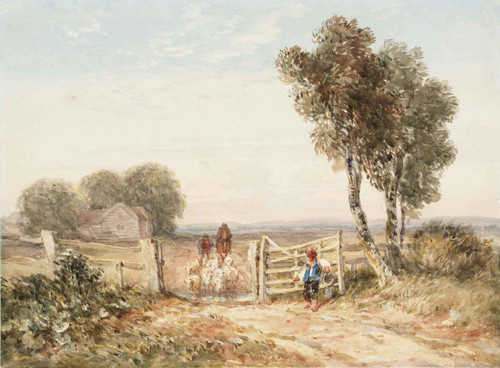 Boy Opening Gate For Sheep by David Cox