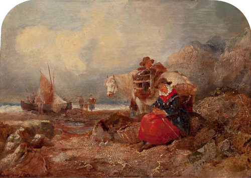 Fisherman And Wife Loading The Catch On A Rocky Beach by George Turner