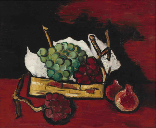 Green And Purple Grapes In Basket by Marsden Hartley