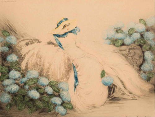 Lady With Blue Flowers 1935 by Louis Icart