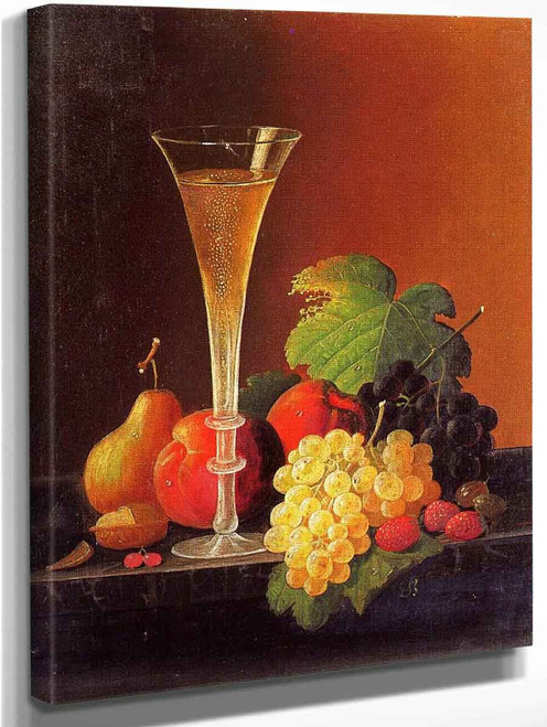 Fruit And A Glass Of Champagne On A Tabletop By Severin Roesen