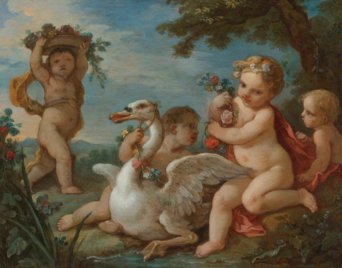 Putti Adorning A Swan With A Garland Of Flowers by Charles Joseph Natoire