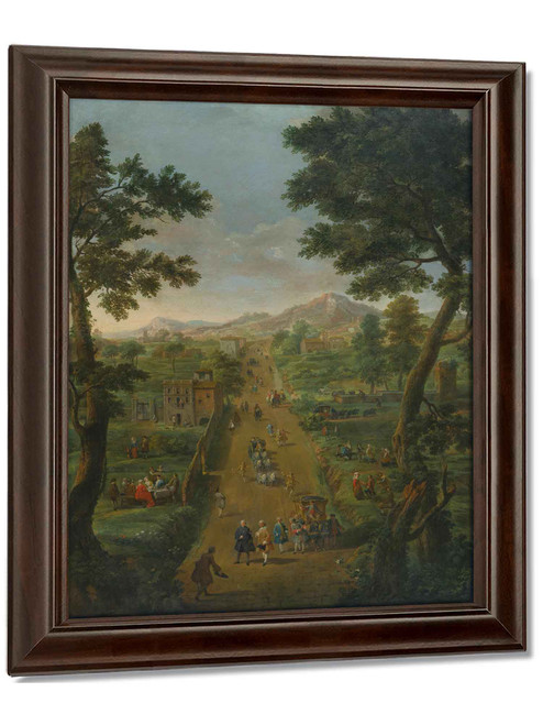 An Extensive Landscape With Carriages And Elegant Figures On A Road Including The Artist Himself Gardens And Fields On Either Side by Giovanni Paolo Panini