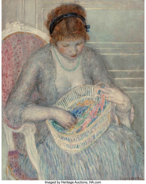 Girl With A Basket Of Ribbons Painted By 1915 by Frederick Carl Frieseke