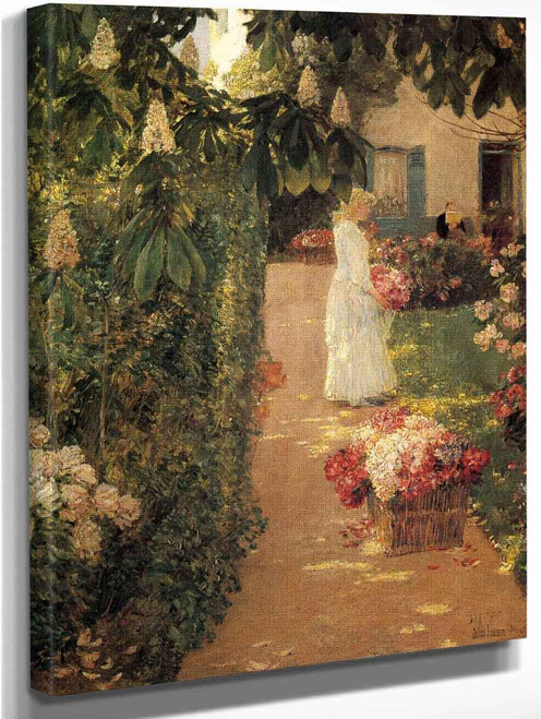 Gathering Flowers In A French Garden By Frederick Childe Hassam