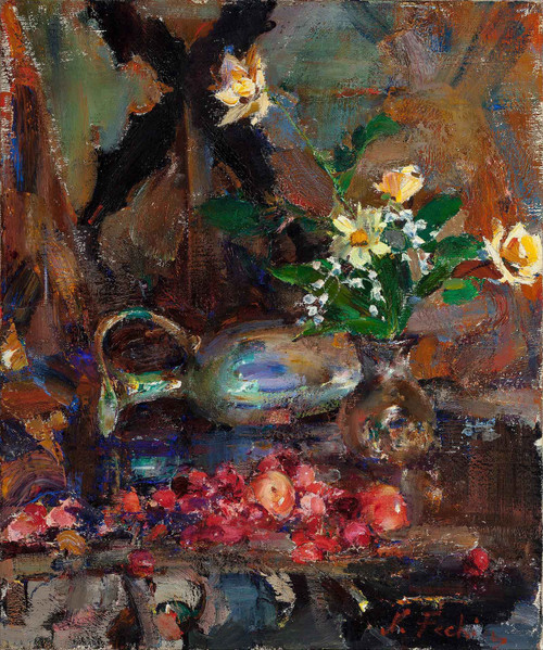 Still Life With Cherries Pitcher And Bouquet by Bruce Crane