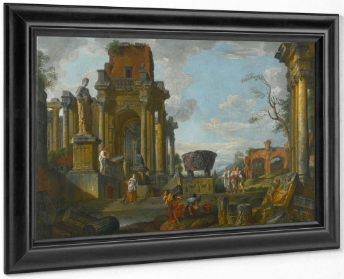 A Capriccio Of Classical Ruins With Figures With The Basilica Of Maxentius In The Distance by Giovanni Paolo Panini