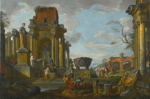 A Capriccio Of Classical Ruins With Figures With The Basilica Of Maxentius In The Distance by Giovanni Paolo Panini