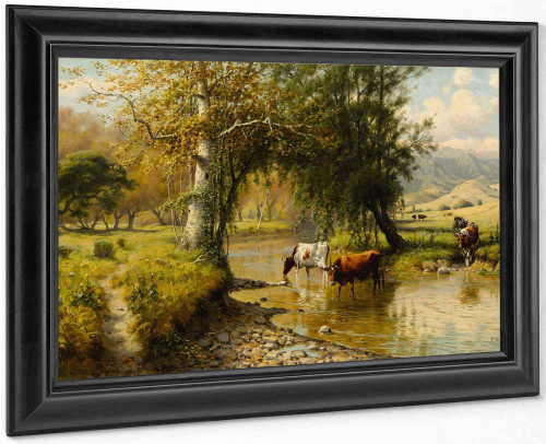 Cattle Watering Under An Oak Tree by Thaddeus Welch