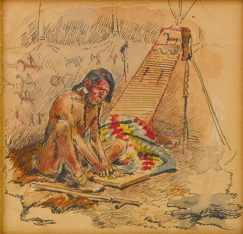 Indian Preparing A Pipe by Charles Marion Russell
