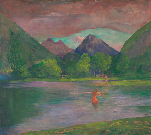 The Entrance To The Tautira River Tahiti Fisherman Spearing A Fish by John La Farge