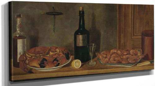 Still Life With A Bottle Of Cognac Crabs And Prawns by William Aiken Walker